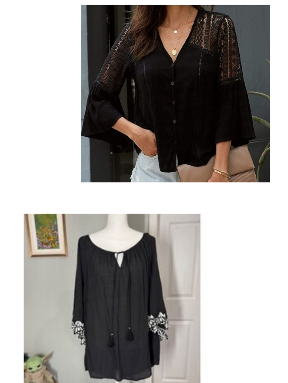 Love Stitch Black Lace Yoke & Bell Sleeve Button-Up Top Unique Spetrum